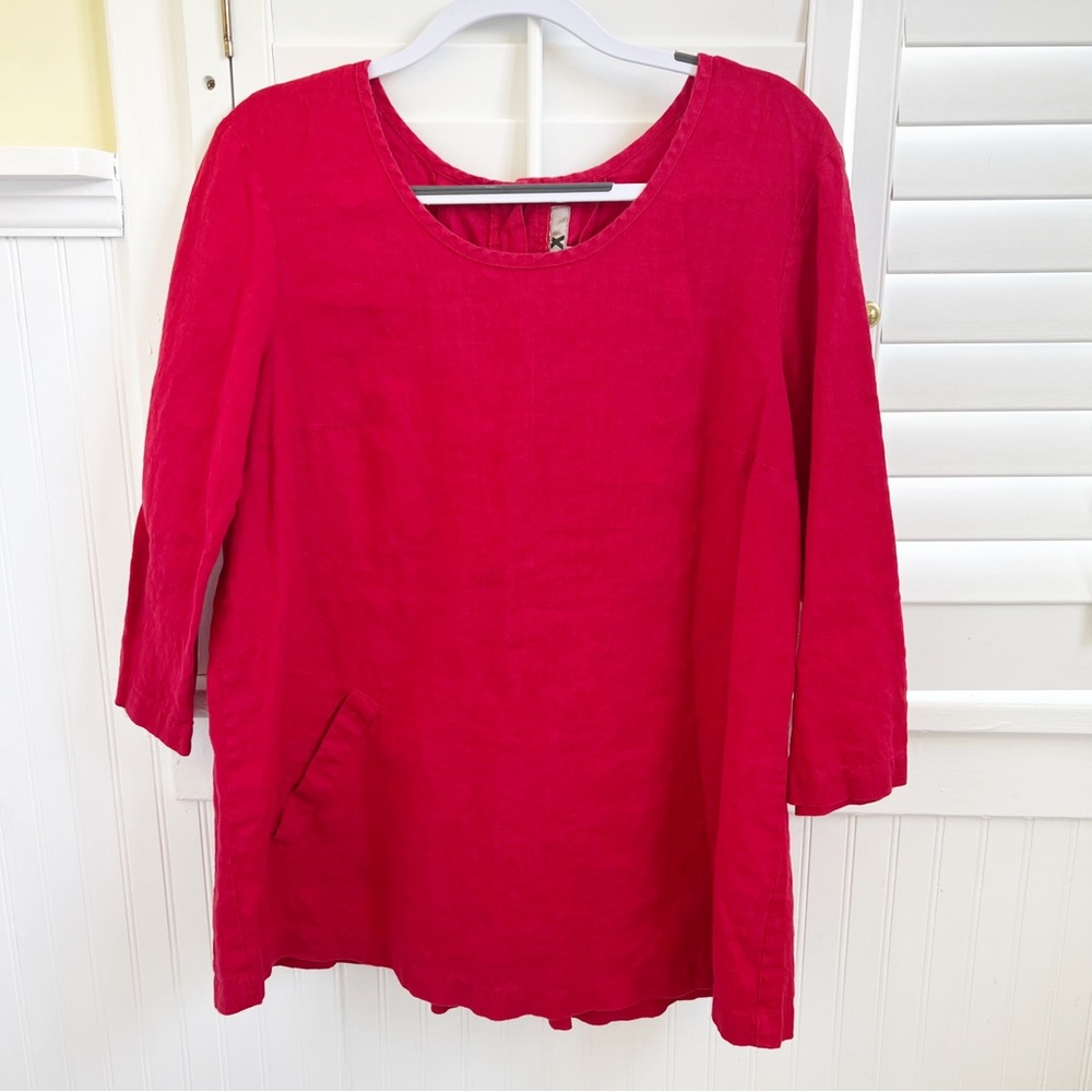 FLAX Red Button Back 100% Linen Tunic Top Women’s Size Medium